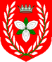 Ealdormere - Blazon: Gules, a trillium flower affronty argent, barbed vert, within a laurel wreath, in chief a coronet argent