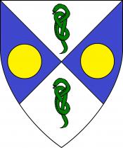 Device: Per saltire argent and azure, two serpents nowed vert and two bezants