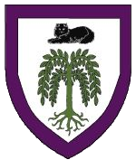 Device: Argent, a willow tree eradicated vert and in chief a domestic cat couchant guardant sable, a bordure purpure.