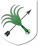 Device: Argent, in saltire a leek vert and an arrow inverted sable (registered).