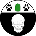 Device: Per pale wavy sable and argent, a nude woman and a cat sejant counterchanged, on a chief vert three pawprints argent.

Badge:
Sable, a skull and on a chief argent an apothecary jar vert between two paw prints sable.