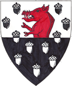 Device: Per fess argent and sable all semy of acorns counterchanged, a demi-boar issuant from the line of division gules