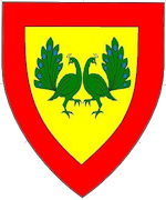 Device: Or, two peacocks respectant reguardant tails raised and spread vert within a bordure gules