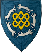 Device: Azure, a knot of two hearts voided and braced Or within five otters in annulo argent .