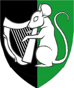 Device: Per pale sable and vert, in fess an Irish harp played by a mouse sejant erect argent.