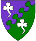 Device: Per bend sinister nebuly purpure and vert, two trefoils slipped argent.