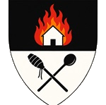 Device: Per fess sable and argent, a flame proper enflaming a house argent, and a distaff and a ladle in saltire sable.