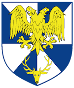 Device: Gyronny Argent and Azure, a Double Headed Eagle and a Stags Head Cabossed, Or