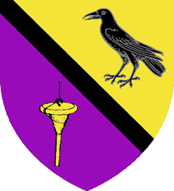 Device: Per bend Or and purpure, a bend between a raven sable and a drop spindle
inverted Or.