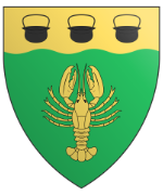Device: Vert, a lobster Or and on a chief wavy Or three cauldrons sable.