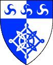 Device: Mór Dúin Ruaid
 This name was registered in October of 1997 (via the Middle).
 The following device associated with this name was registered in October of 1997 (via
the Middle):
Per pale azure and argent a Lacy knot, on a chief three triskeles all
counterchanged