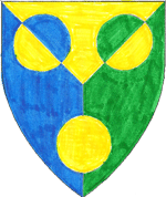 Device: Per pall Or, azure, and vert, a roundel per bend azure and Or, a roundel per bend sinister Or and vert and a bezant.
This device is registered with the college of Arms.
