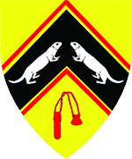 Device: Or, on a chevron sable cotised gules, two otters statant respectant
argent, in base a penner gules