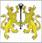 Device: (Fieldless) Two keythongs combattant Or maintaining between them a straight trumpet sable.