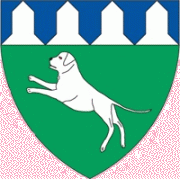 Device: Vert, a mastiff salient argent and a cheif vair.